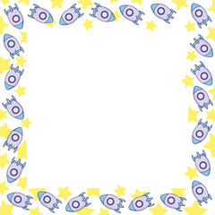 Square frame made of cartoon space rockets with stars