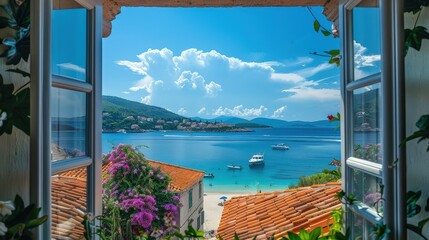  A cozy window view framing a crystal-clear lake, with the setting sun casting warm, golden hues over the calm waters.