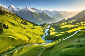 Beautiful scenery, on the mountains, meadows and light green trees. There is a blue river warm sun warm atmosphere The sky is clear.