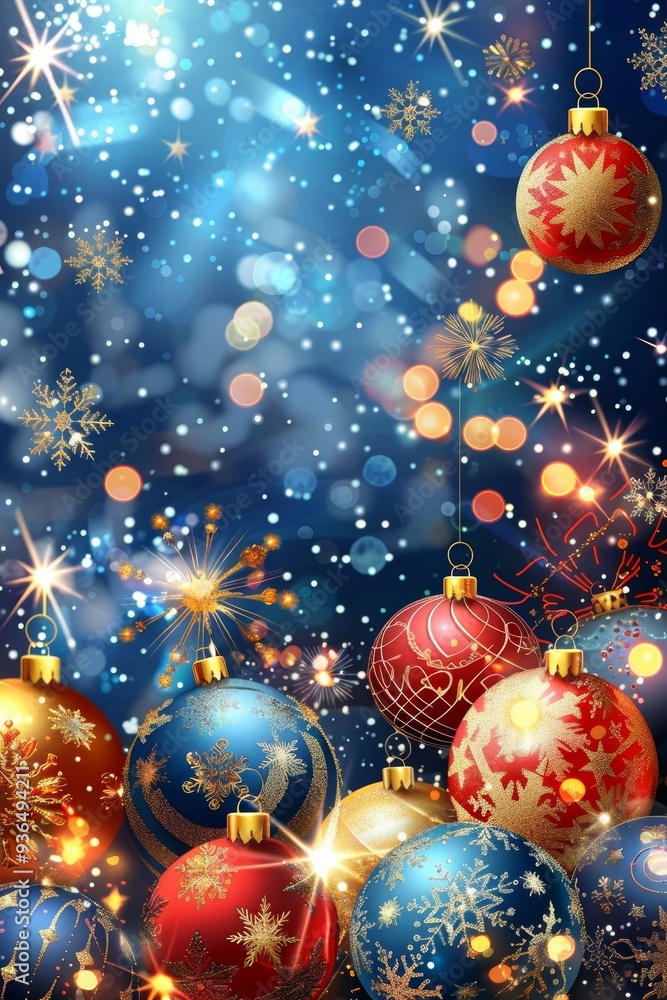 Wall mural sparkling christmas background with red, blue, and gold ornaments on a blue background.