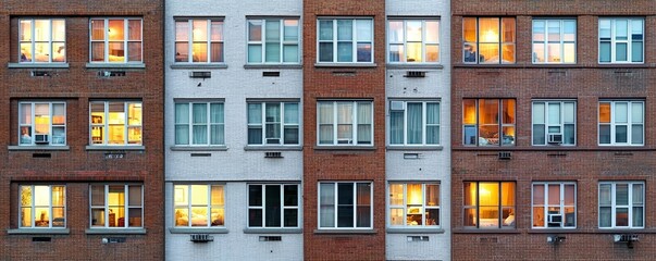 Cozy urban night scene, illuminated apartment windows revealing slices of life within the city