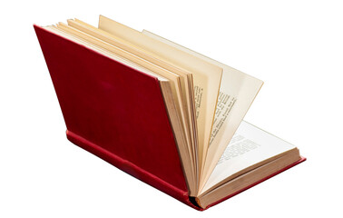 An old vintage open book from the side view isolated on white background. Flying book in the air.