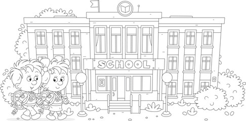 Happy little schoolboy and schoolgirl with schoolbags going to their pretty school for start of classes, black and white outline vector illustration for a coloring book