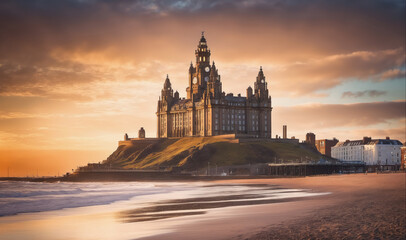 The Royal Hotel sits majestically on a hill overlooking the beach in Blackpool, England, at sunset