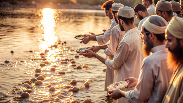 Group of Jewish Men Observing Tashlich Ritual at Sunset During Rosh Hashanah