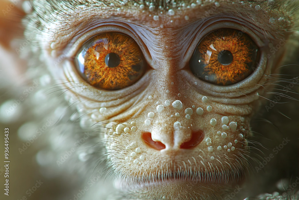 Poster macro portrait of a monkey with red viral smallpox monkey cells in the background