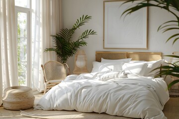 Fototapeta premium Serene and Cozy Bedroom with Natural Light and Minimalist Decor