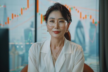Confident Businesswoman in Modern Office with Stock Market Data