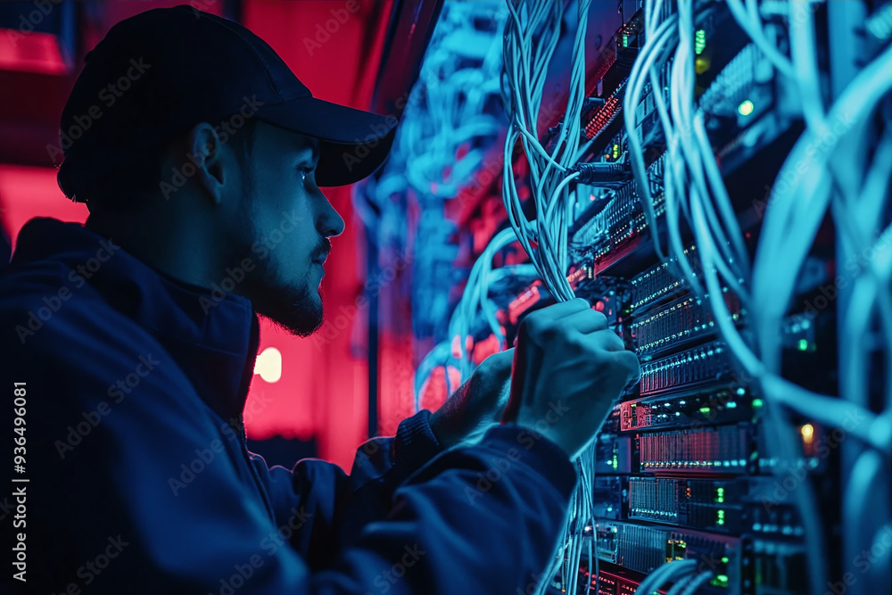 Poster technology, internet, network and telecommunication concept - close up of male technician or interne