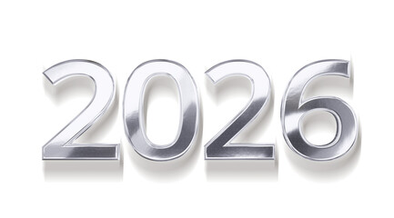 2026 silver metallic new year symbol 3d-illustration, long ground-shadow