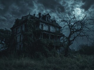 An abandoned house stands silhouetted against a stormy sky with a full moon overhead.  The house is overgrown with vines and the surrounding landscape is desolate and overgrown.
