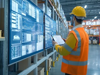 A warehouse worker in a hard hat reviews data on a digital screen, ensuring efficient operations and inventory management.