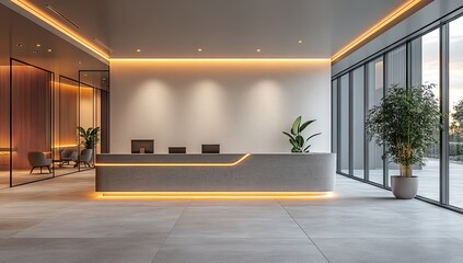 Modern Office Reception Area with a Glass Wall and a Plant