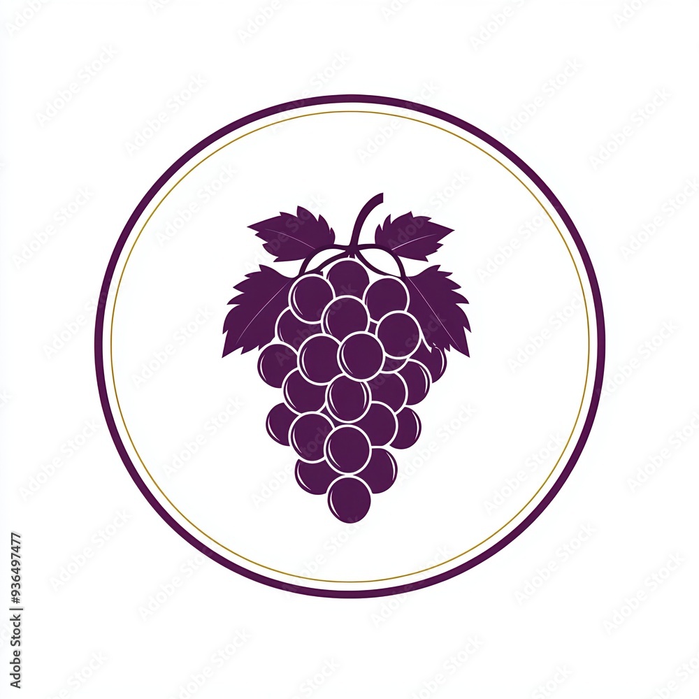 Wall mural Grape cluster with minimalist lines inside a circular frame, featuring a flat design in a deep purple color, isolated on a white background