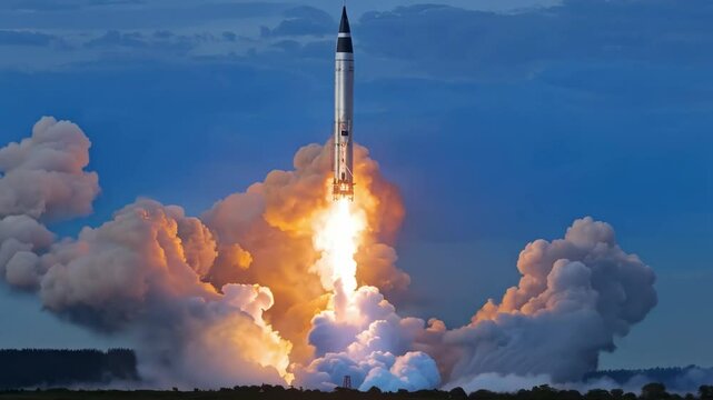 Powerful intercontinental ballistic missile is launching into the sky, leaving a trail of fire and smoke