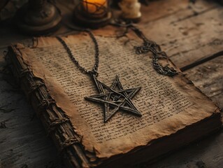 An antique book with a pentagram necklace lying on top of it. The book is open with worn, yellowed pages, and the pentagram pendant is made of silver or iron, with an intricate design.