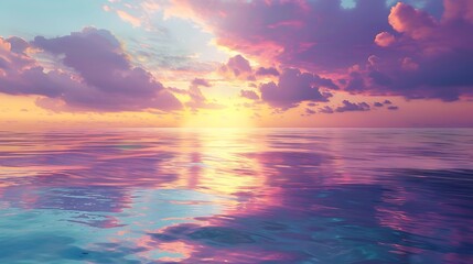 Fototapeta premium Peaceful tropical seascape with golden and purple sky at dusk, reflecting on the ocean