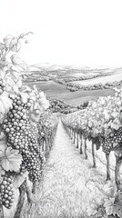 Vineyard landscape with detailed grape clusters, surrounding vines and hills in the distance, monochrome pencil drawing, minimalistic composition