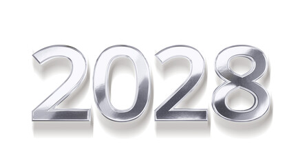 2028 silver metallic new year symbol 3d-illustration, long ground-shadow