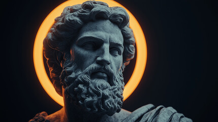 Classical statue of a man with vibrant orange halo
