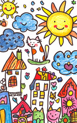 Colorful Crayon Drawing of Sun, Houses, Flowers, and a Smiling Cat in Childlike Art Style with Simple Shapes and Bold Lines in a Cheerful and Playful Outdoor Scene