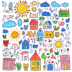 Colorful Crayon Drawing of Sun, Houses, Flowers, and a Smiling Cat in Childlike Art Style with Simple Shapes and Bold Lines in a Cheerful and Playful Outdoor Scene