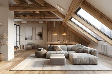 Naklejka premium Cozy Modern Loft with Exposed Beams and Natural Light