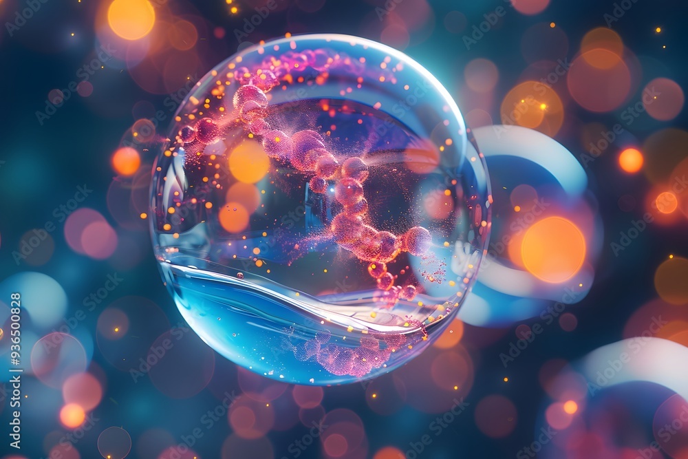Poster captivating bubble with dna helix and colorful bokeh background
