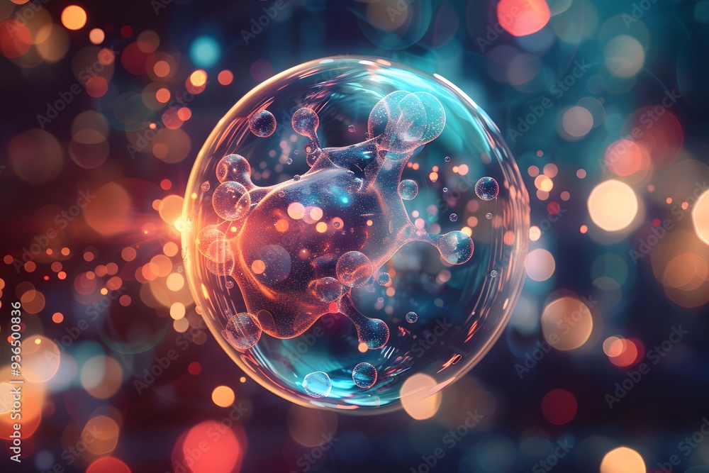 Poster ethereal bubble with colorful bokeh and molecular structure