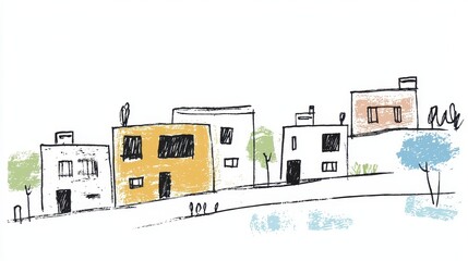 Obraz premium Charming hand-drawn townhouses on a hill in minimalist style