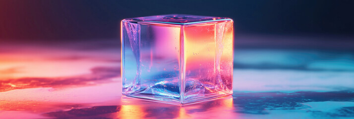 rendering of a glass cube illuminated with vibrant vaporwave colors, creating a surreal and futuristic atmosphere. The reflection and refraction effects enhance its abstract aesthetic