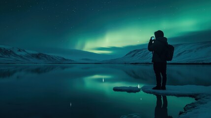 Fototapeta premium A lone traveler stands on an ice platform, gazing at the mesmerizing Northern Lights illuminating the night sky over a tranquil lake