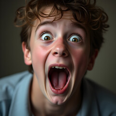 Young boy with curly hair and wide eyes expressing shock or surprise, mouth open in awe.