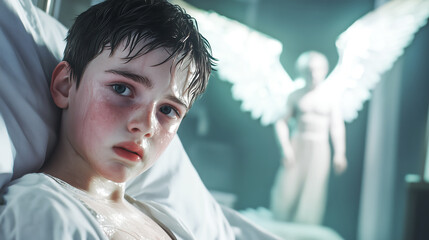 A sick boy lying in bed in hospital with an angelic figure of light in the background. AI generated illustration.