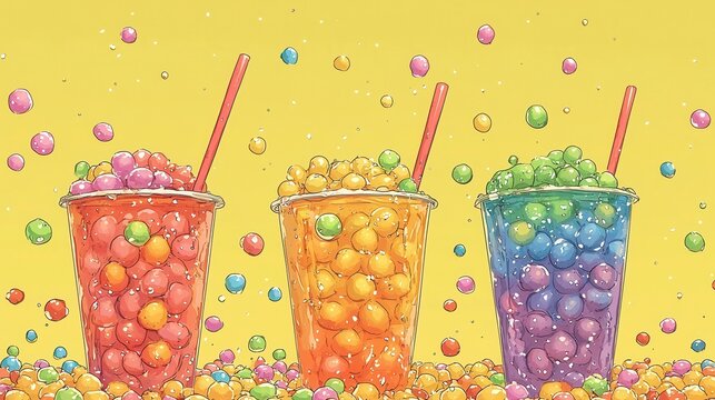 Colorful bubble tea cups overflowing with vibrant boba pearls on yellow background