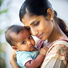  a  cute and beautiful young Indian mother holding her baby
