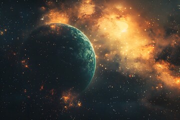 Obraz premium A Stunning Cosmic Landscape Featuring a Distant Planet Amidst a Colorful Nebula