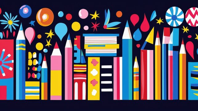 Colorful pencils and art supplies in vibrant abstract design