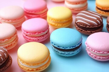 Obraz premium Colorful pastel macarons on vibrant blue and pink background