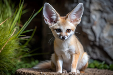 Obraz premium A cute baby fox sitting on a rock. The fox has large ears and a small tail
