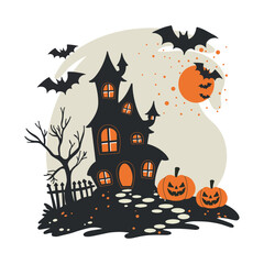 Happy Halloween. Web banner or invitation. Background with bats, ghosts for social networks. Vector illustration. Cobweb, spiders, bats, lettering. Place for text