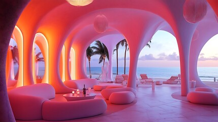 A futuristic digital resort with virtual reality beach experiences and AI concierge services