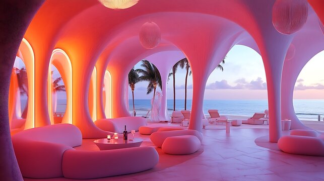 A futuristic digital resort with virtual reality beach experiences and AI concierge services 