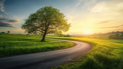 Fototapeta premium Winding road through green fields at sunset with a lone tree