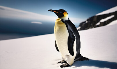 Fototapeta premium A lone emperor penguin stands on the snow in Antarctica, with a blue sky above