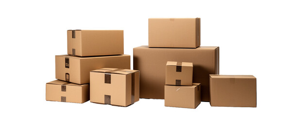 Various cardboard boxes for shipping on white background,png