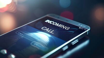Closeup of a modern mobile phone device screen with text "INCOMING CALL." Smartphone interface, digital communication on a display, answer or decline call from a number 