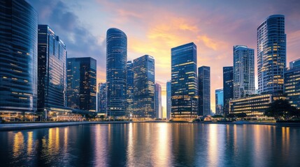 Modern cityscape with skyscrapers reflecting in water at sunset