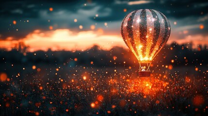   Hot air balloon flying sky field, tall grass, dark