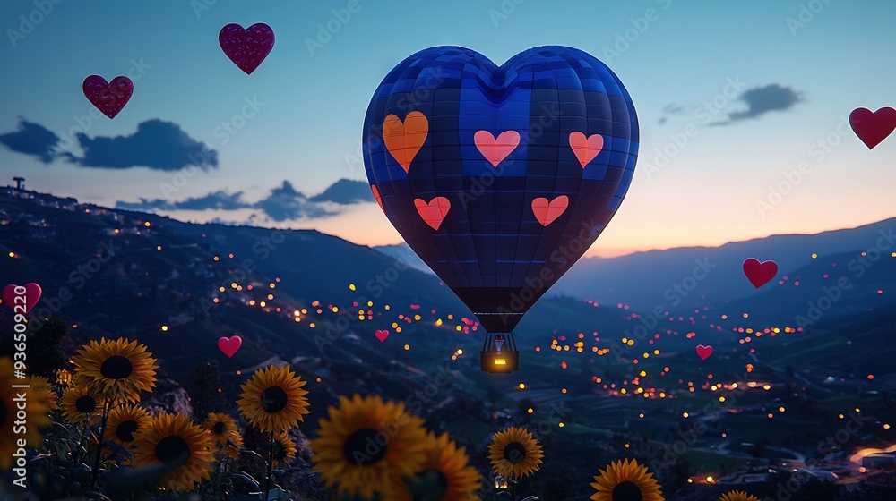 Canvas Prints   Hot air balloon shaped heart flies over sunflower-filled valley